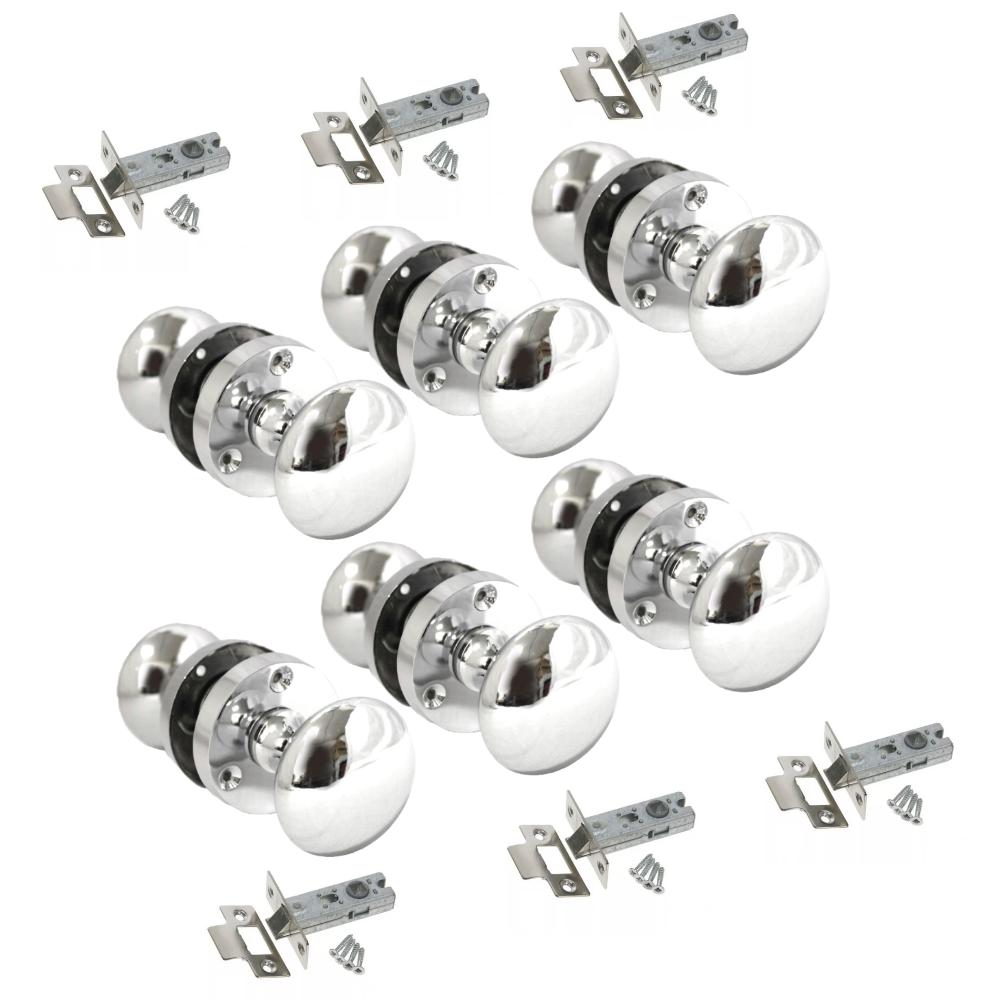 Chrome Door Knob Modern Round Rose Door Knob Silver Door Handle+Tubular Latch 6