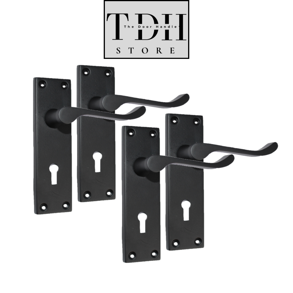 Door Handles Matt Black Finish Victorian Scroll Lock, Lever Lock & Keys.1