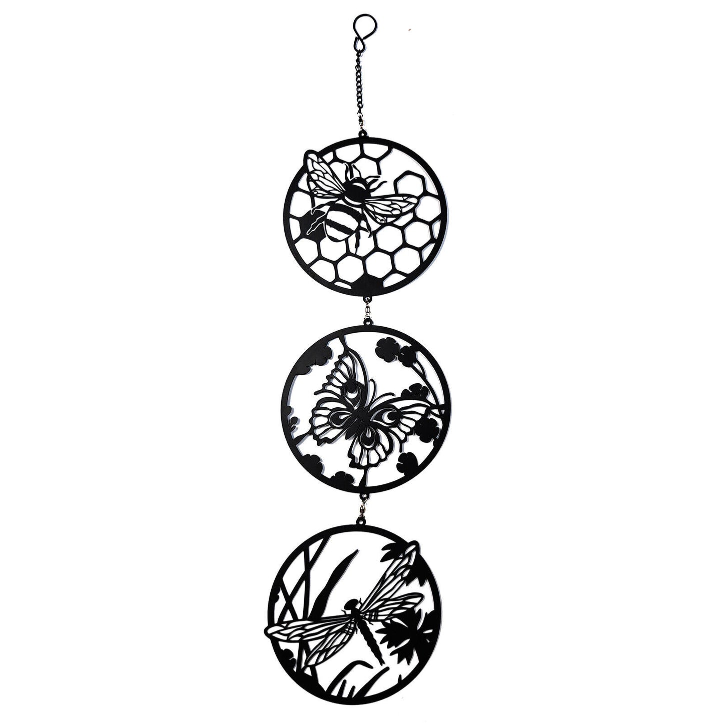 Black Bee, Butterfly & Dragonfly Silhouette Hanging Trio Spinner - Garden Décor