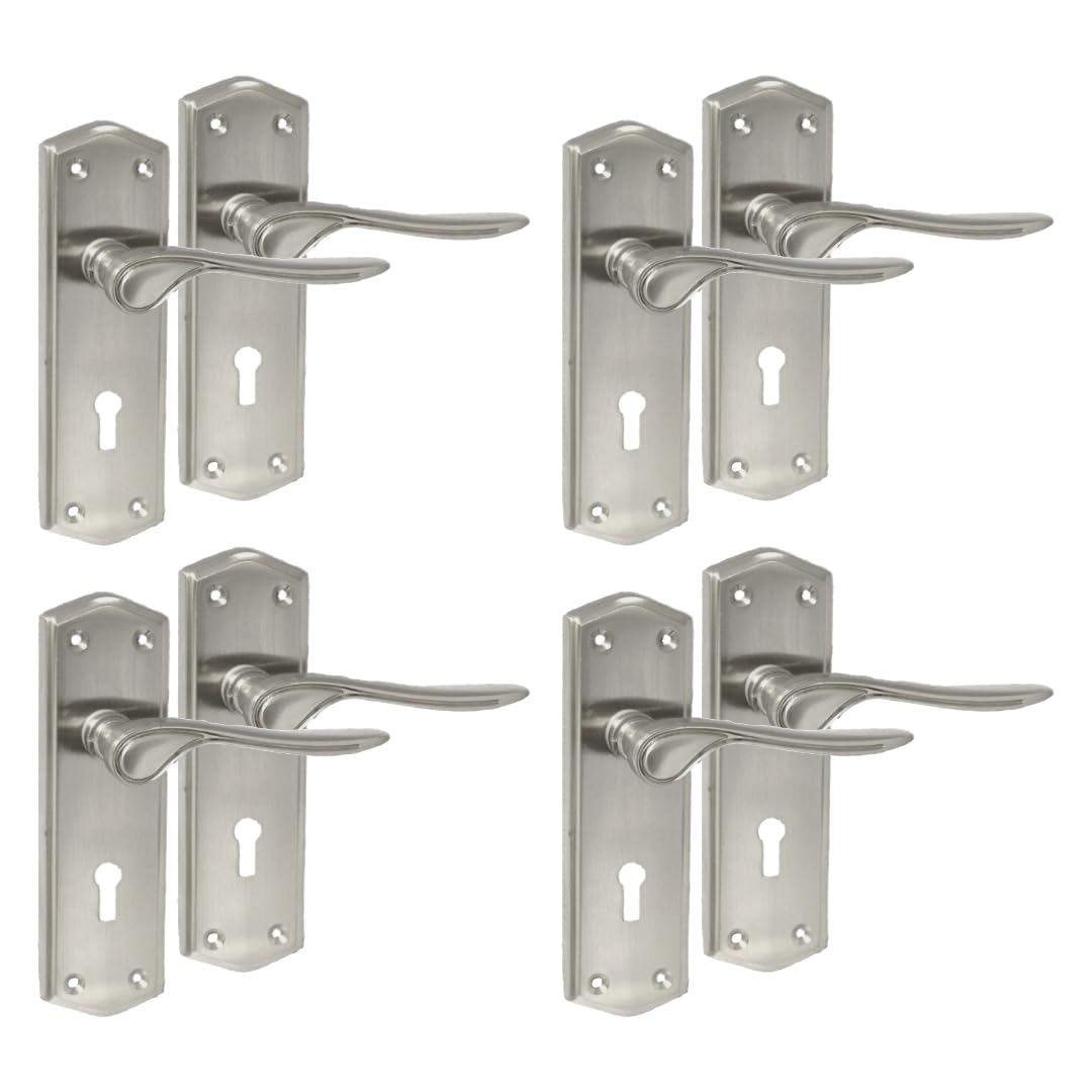 Premium Satin Nickel Internal Lock Door Handles with Long Back Plate and 3 Lever Mortise Sash Lock - Stellar Design, 4 Pairs of Lock Handles