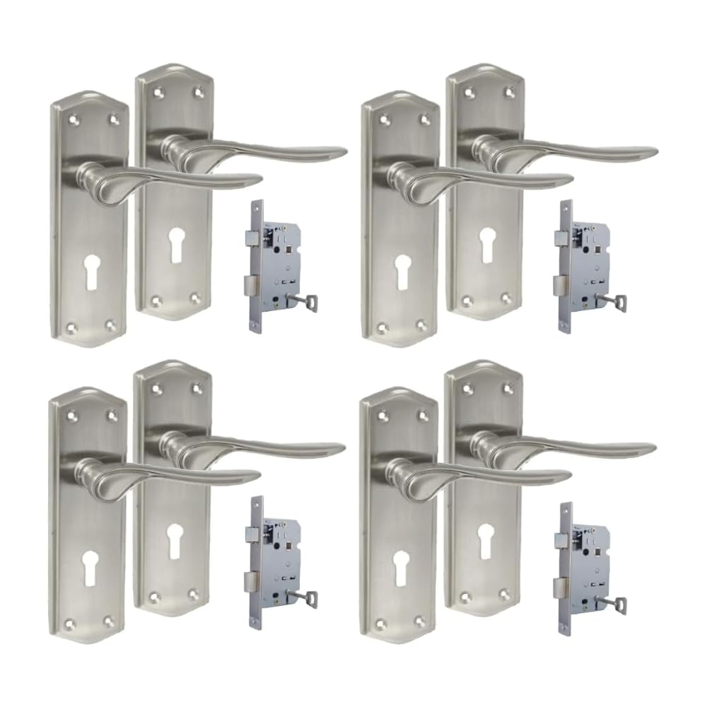 Premium Satin Nickel Internal Lock Handles with Long Back Plate and 3 Lever Mortise Sash Lock - Stellar Design, 4 Pairs