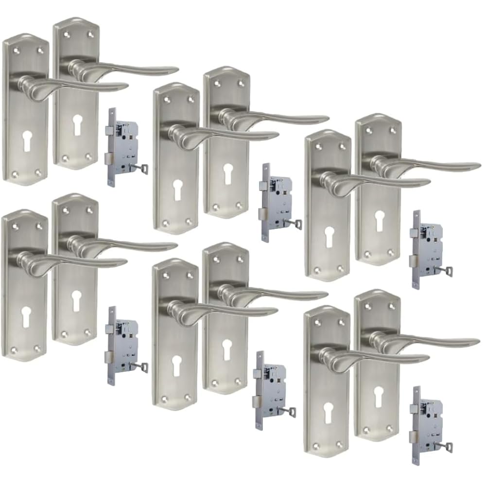 Premium Satin Nickel Internal Lock Door Handles with Long Back Plate and 3 Lever Mortise Sash Lock - Stellar Design, 6 Pairs