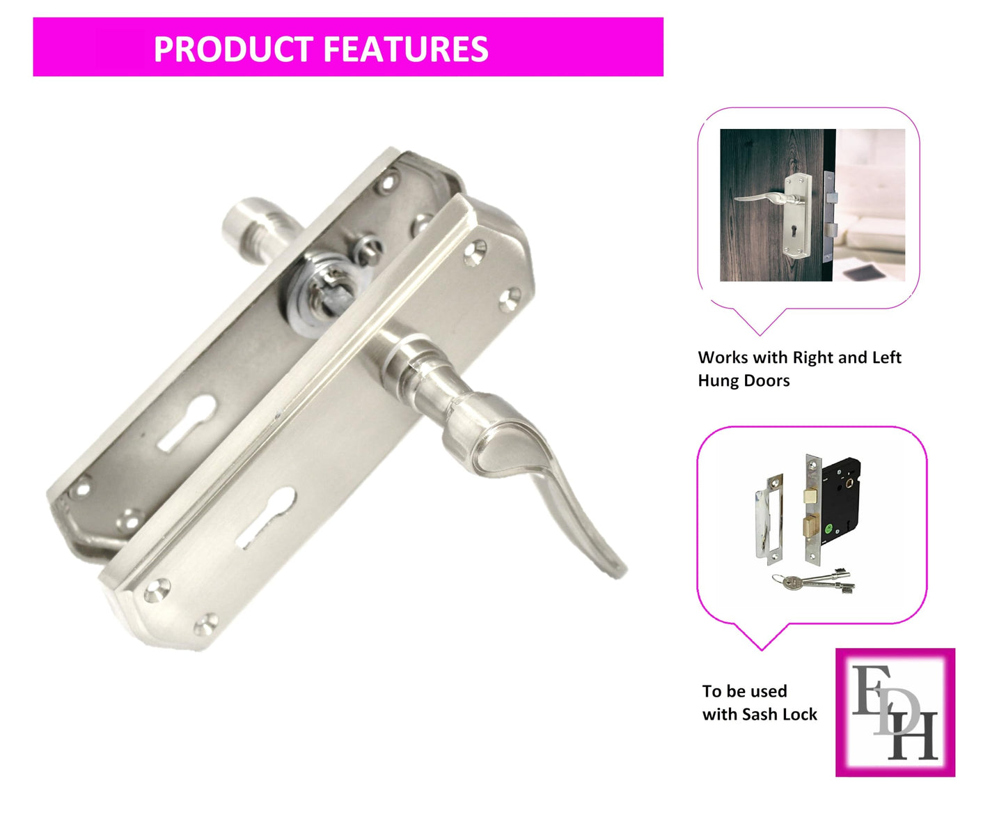 Premium Satin Nickel Internal Lock Door Handles with Long Back Plate and 3 Lever Mortise Sash Lock - Stellar Design, 6 Pairs of Lock Handles