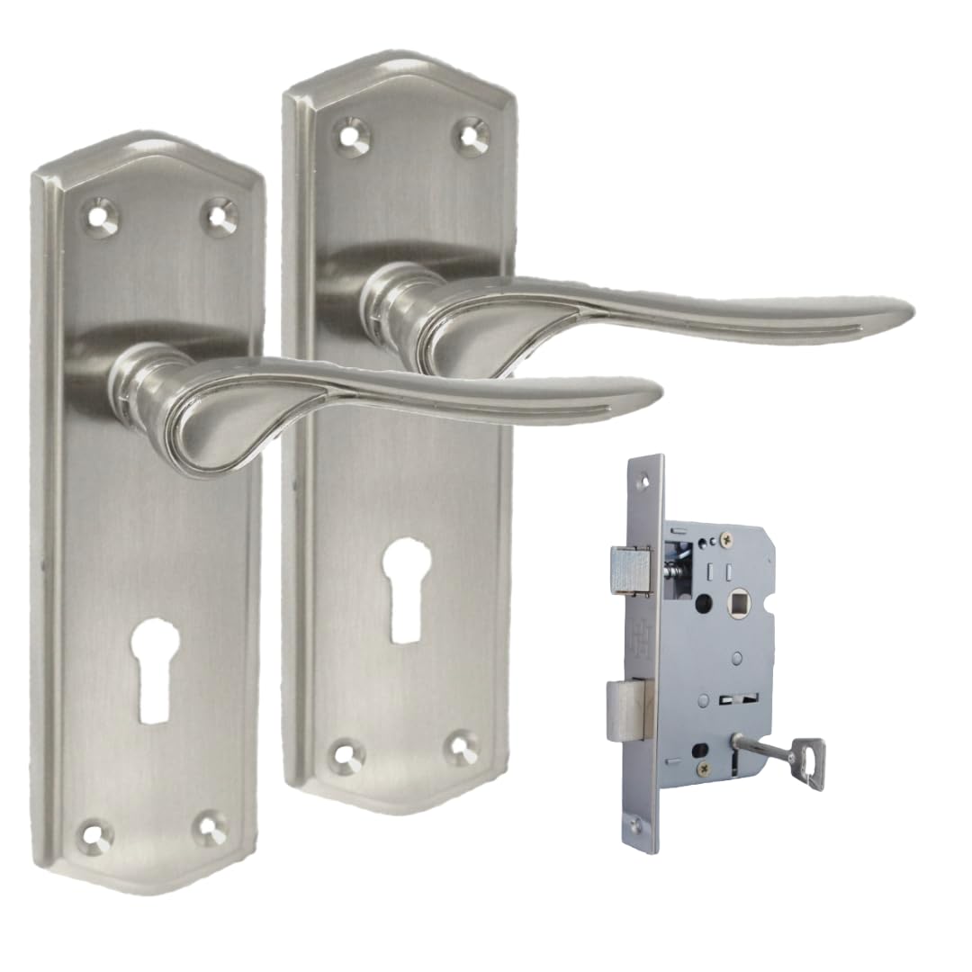 Premium Satin Nickel Internal Lock Door Handles with Long Back Plate and 3 Lever Mortise Sash Lock - Stellar Design, 1 Pair of Lock Handles + 3 Lever SASH Lock