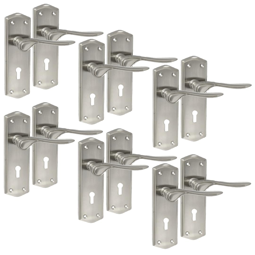 Premium Satin Nickel Internal Lock Door Handles with Long Back Plate and 3 Lever Mortise Sash Lock - Stellar Design, 6 Pairs of Lock Handles
