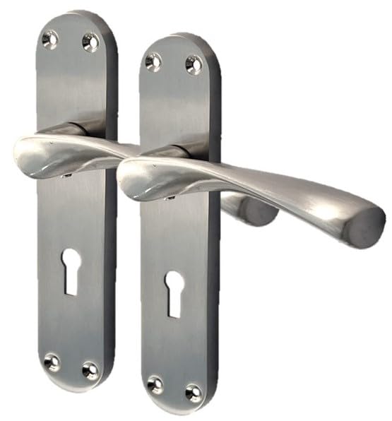 Epsom Door Handle Internal Satin Nickel Twist Door Handle Set, Interior Lock Lever on Long Back Plate, Privacy Lockable Handle for Bathroom, Bedroom, Front Door