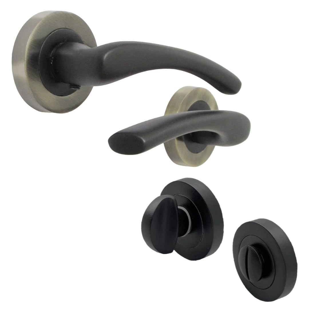 Zena Design Modern Matt Black Door Handles Internal & External Use - Black Matt Black Lever Latch with Antique Rose, 1 Pair and Matt Black Thumb Turn