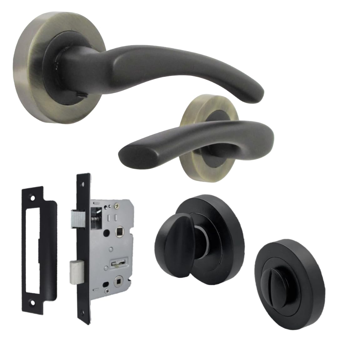 Zena Design Modern Matt Black Door Handles Internal & External Use - Black Matt Black Lever Latch with Antique Rose and Matt Black Thumb Turn, Sash Lock