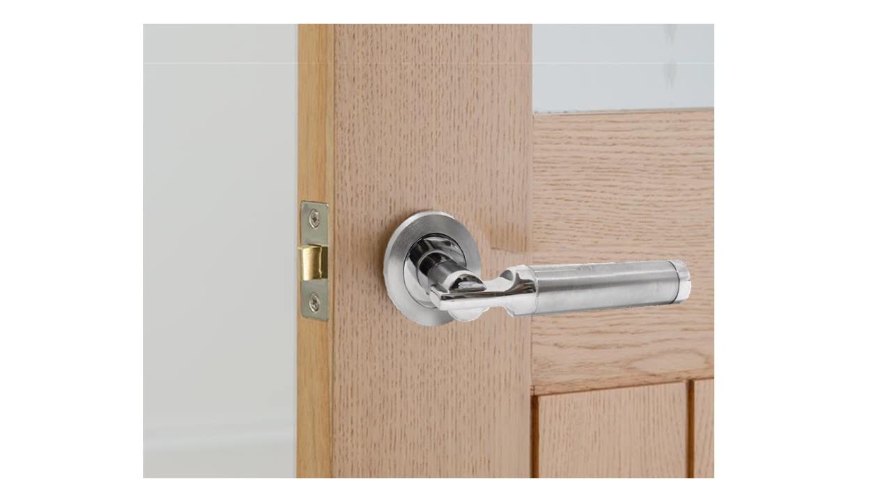 Haven Heritage Door Handles Lever on Round Rose, Duel Satin Nickel/Polished Chrome Electra 1 x Pair