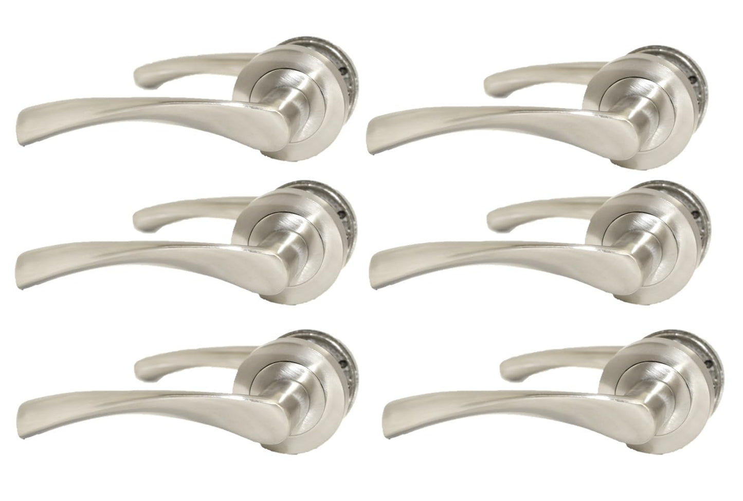 Epsom Door Handle Internal Satin Nickel Twist Door Handle Set, Interior Latch Lever on Rose, Door Latch Satin, Door Handle Latch, Bedroom, Front Door, 6 Pairs of Handles