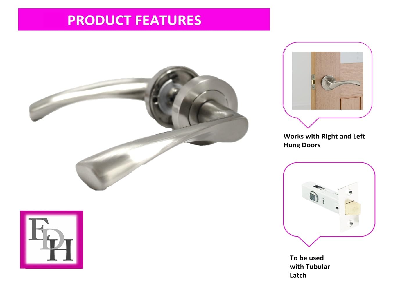 Epsom Door Handle Internal Satin Nickel Twist Door Handle Set, Interior Latch Lever on Rose, Door Latch Satin, Door Handle Latch, Bedroom, Front Door, 6 Pair of Handles + Tubular Latch
