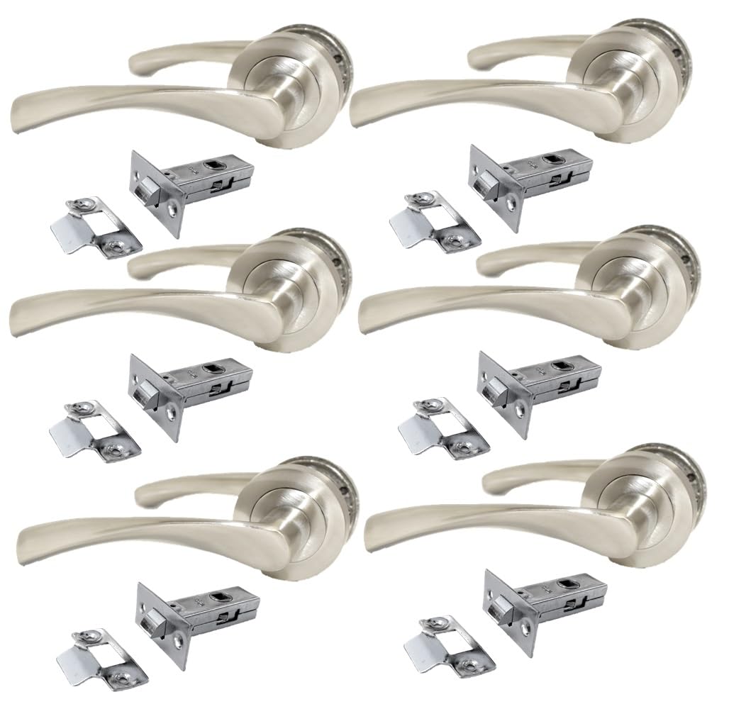 Epsom Door Handle Internal Satin Nickel Twist Door Handle Set, Interior Latch Lever on Rose, Door Latch Satin, Door Handle Latch, Bedroom, Front Door, 6 Pair of Handles + Tubular Latch