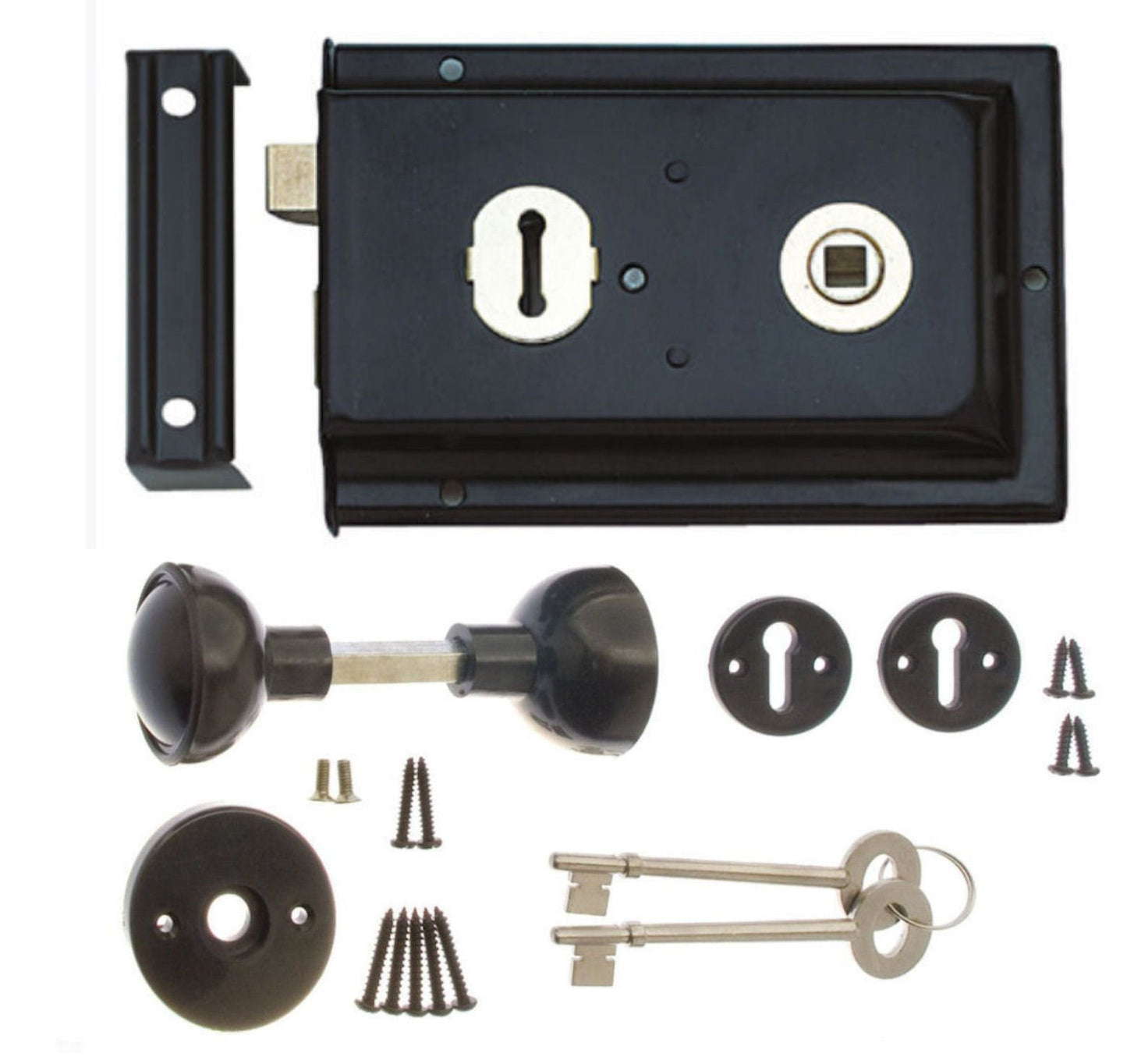 Rim Lock and Handle Set - Sash Lock, Shed Door Lock with Key - Gate Locks for Wooden Gates - Rim Locks for External Doors - Garden Gate Lock with Key, Rim Lock Door Knob Set 6 x 4