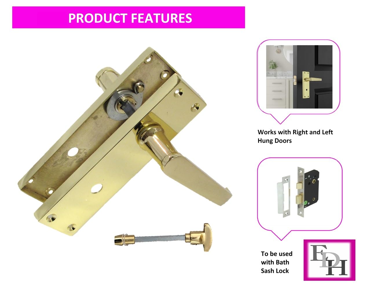 Brass Door Handles Interior Door Handles - Victorian Straight Lock Handles Brass Plated Door Handles, Door Handles Multipack, Door Handles (1 Pair of Bathroom Handles)