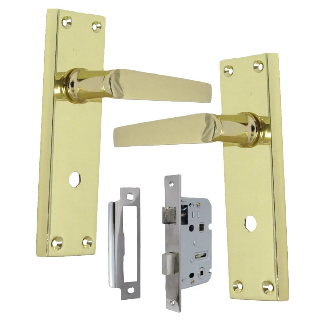 Brass Door Handles Interior Door Handles - Victorian Straight Lock Handles Brass Plated Door Handles, Door Handles Multipack, Door Handles (1 Pair of Bathroom Handles + Bathroom SASH Lock)