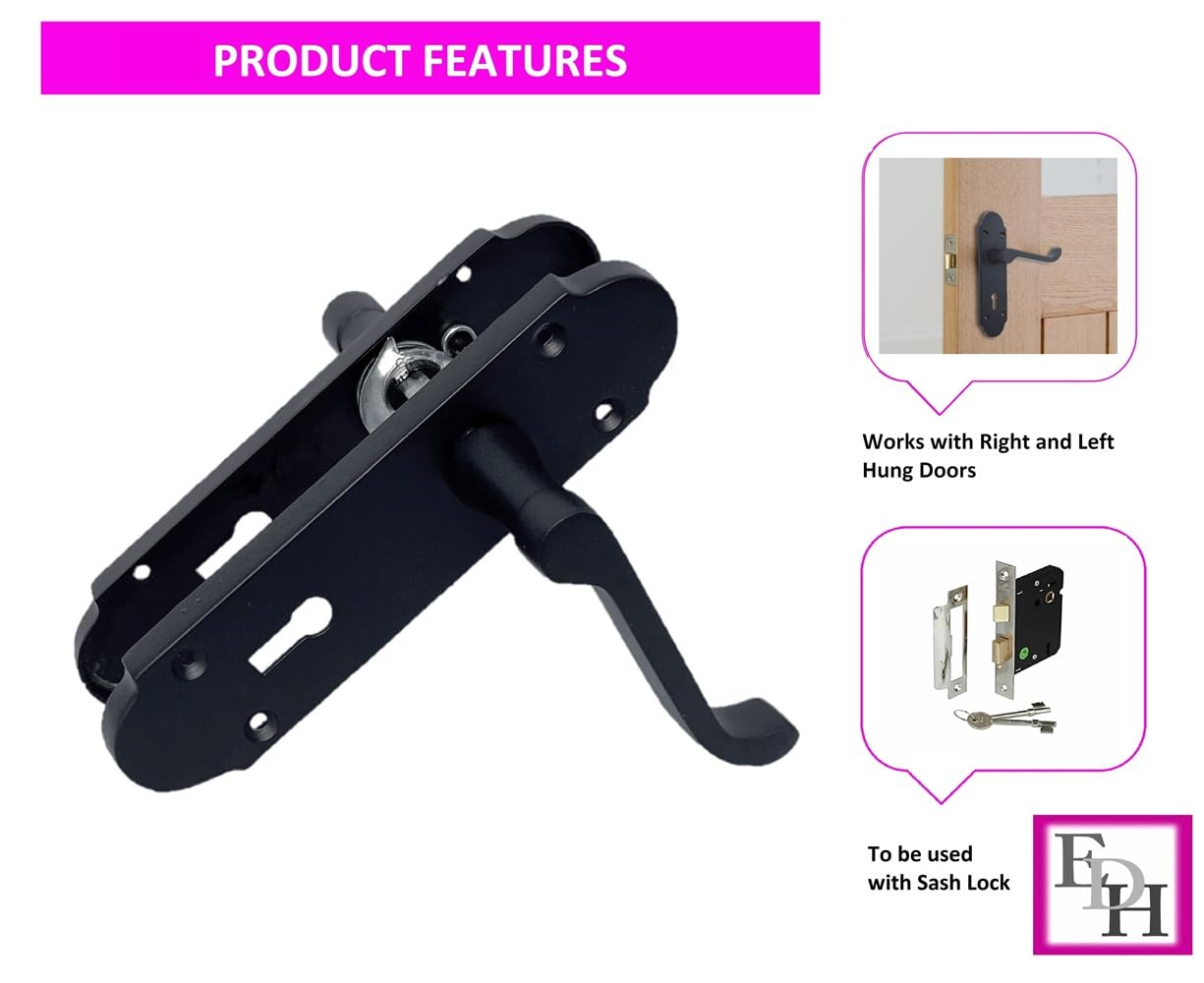 Epsom Door Handle - Matt Black Internal Door Handles - Including 2 Bathroom Sash Lock, 170mm x 42mm