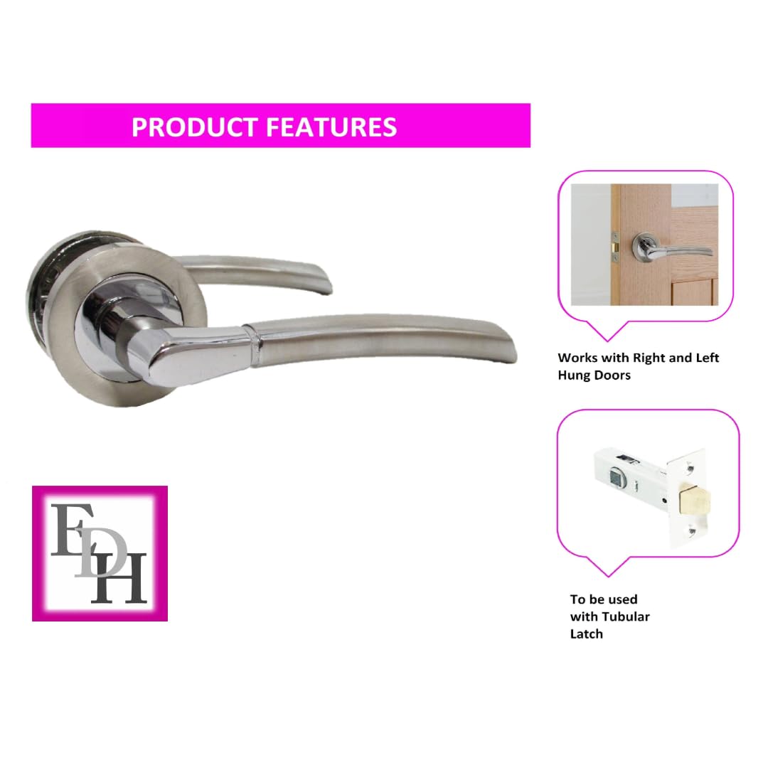 Epsom Door Handle Internal Chrome & Satin Duo Door Handles with Lock and Key - Bathroom Door Handles with Lock, Door Sets 1 Pairs, Lever on Rose Door Handle with Tubular Latch Diameter Approx 52mm