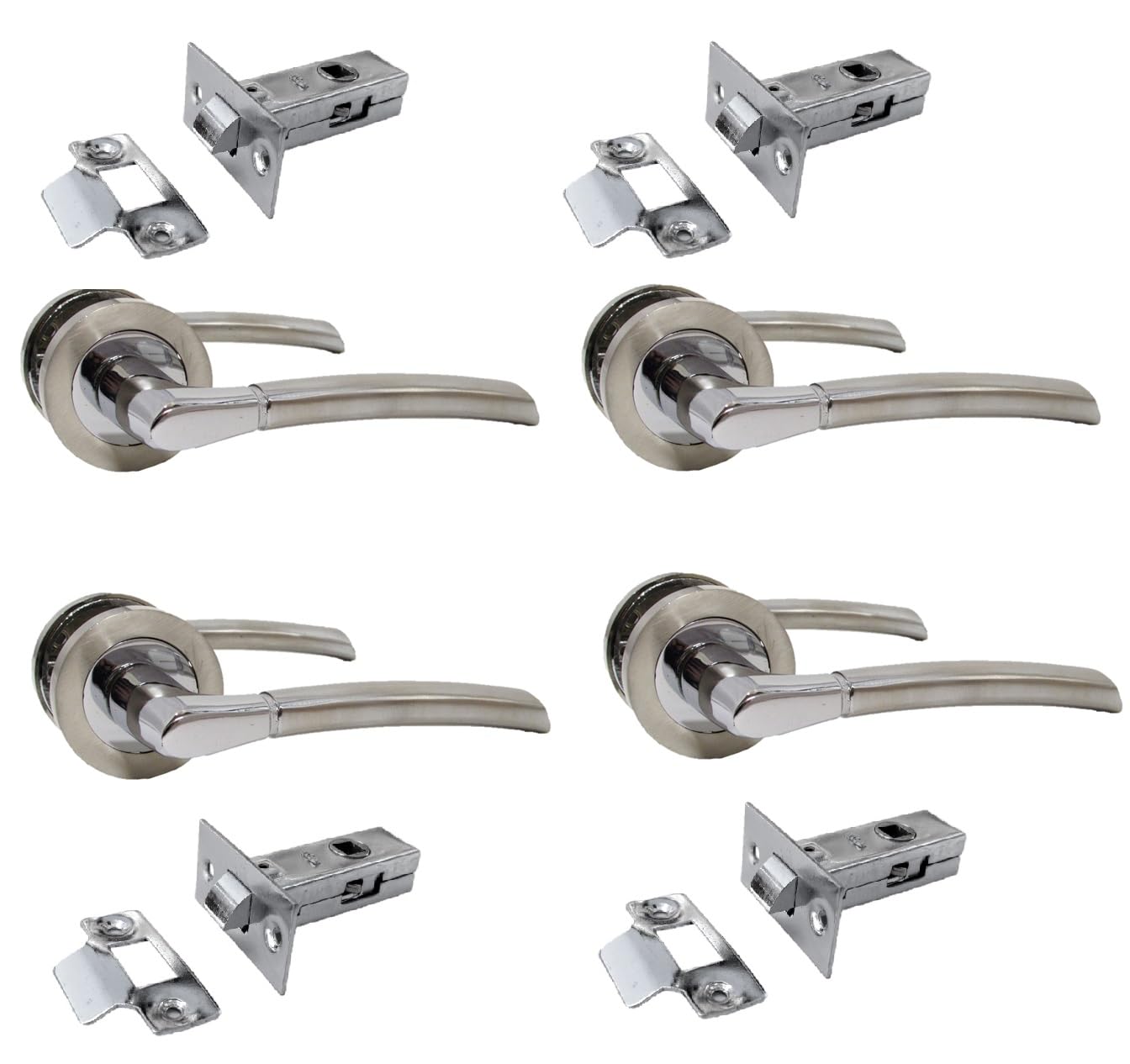 Epsom Door Handle Internal Chrome & Satin Duo Door Handles with Lock and Key - Bathroom Door Handles with Lock, Door Sets 4 Pairs, Lever on Rose Door Handle with Tubular Latch Diameter Approx 52mm