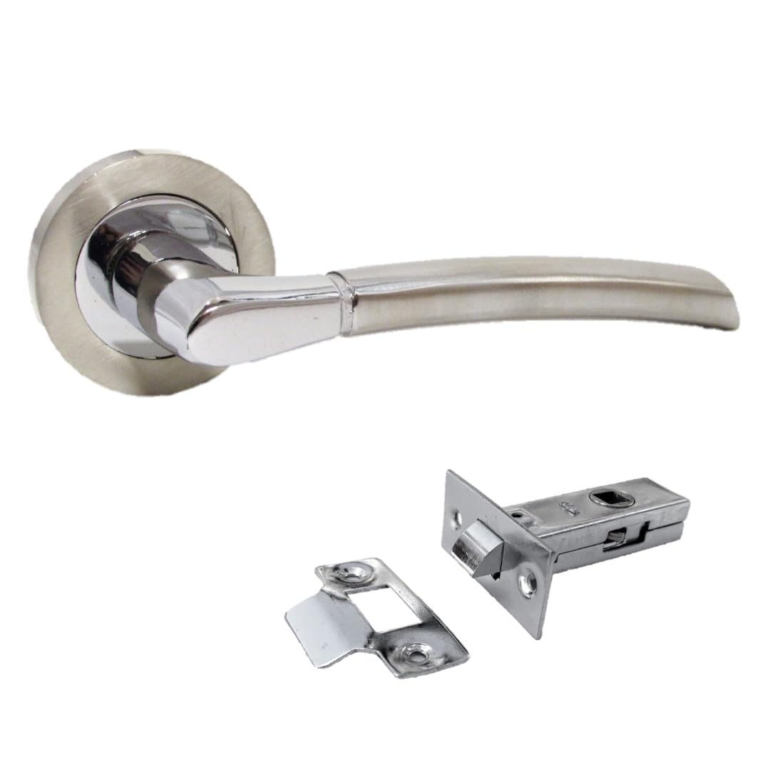 Epsom Door Handle Internal Chrome & Satin Duo Door Handles with Lock and Key - Bathroom Door Handles with Lock, Door Sets 1 Pairs, Lever on Rose Door Handle with Tubular Latch Diameter Approx 52mm