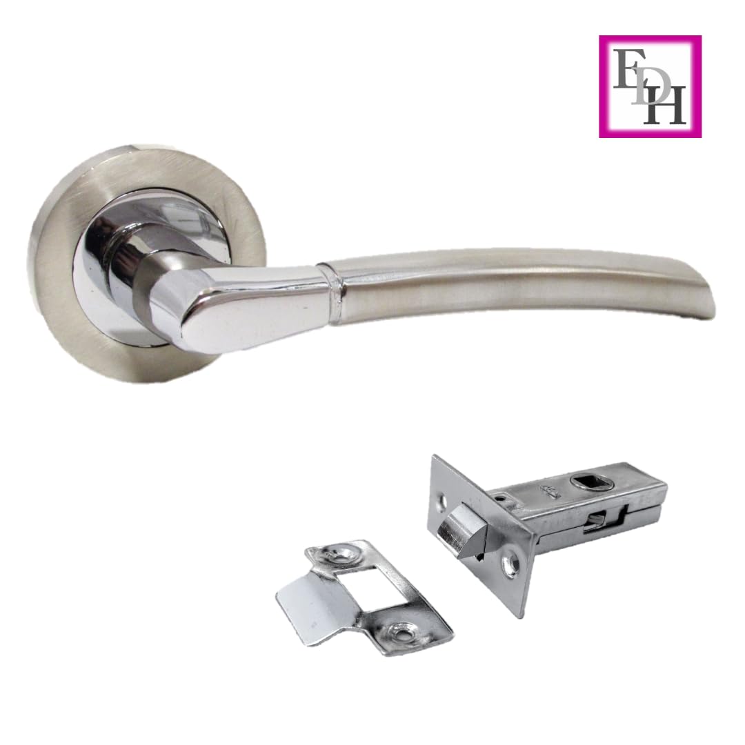 Epsom Door Handle Internal Chrome & Satin Duo Door Handles with Lock and Key - Bathroom Door Handles with Lock, Door Sets 4 Pairs, Lever on Rose Door Handle with Tubular Latch Diameter Approx 52mm