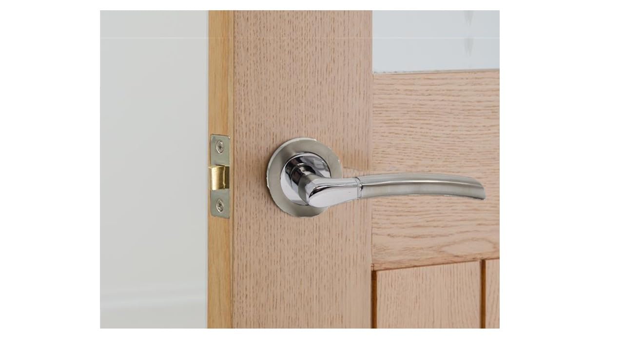 Epsom Door Handle Internal Chrome & Satin Duo Door Handles with Lock and Key - Bathroom Door Handles with Lock, Door Sets 1 Pairs, Lever on Rose Door Handle with Tubular Latch Diameter Approx 52mm