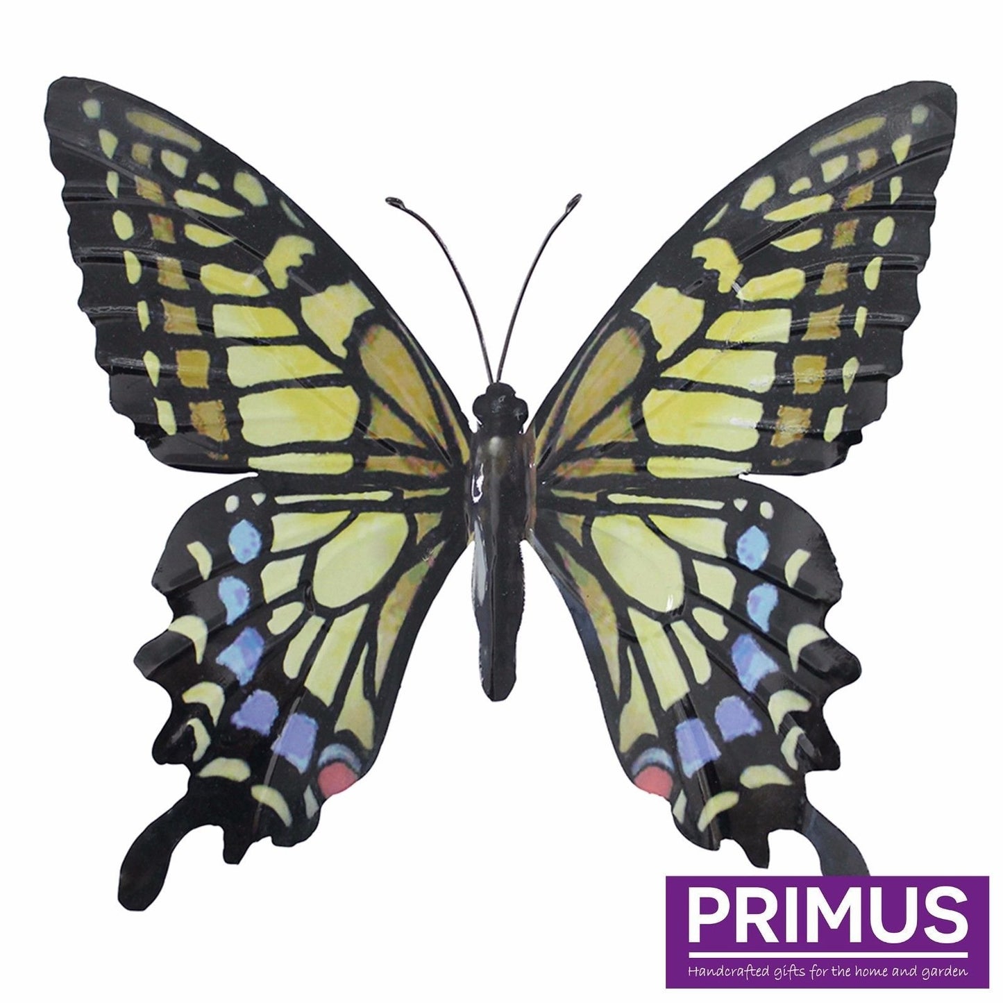 Primus Large Metal Butterfly Yellow Blue and Black Outdoor Garden Home Decoration Wall Art