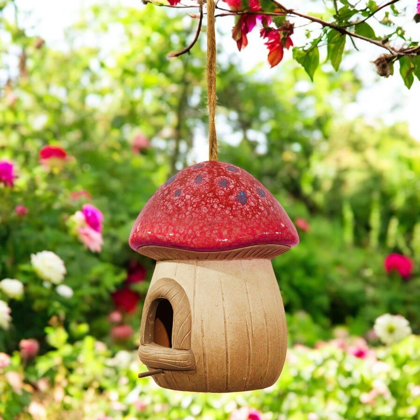 Red Terracotta Mushroom Bird House (19cm x 14.5cm x 13cm) – Decorative Hanging or Freestanding Birdhouse for Garden, Patio & Outdoor Décor – Durable & Weather-Resistant Nesting Shelter for Birds