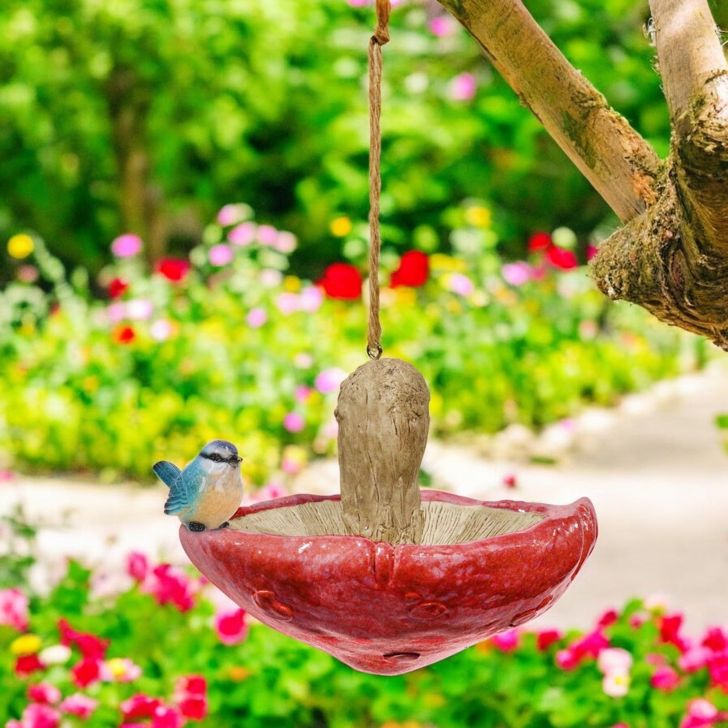 Red Resin Mushroom Bird Feeder with Blue Tit – Charming & Functional Garden Décor
