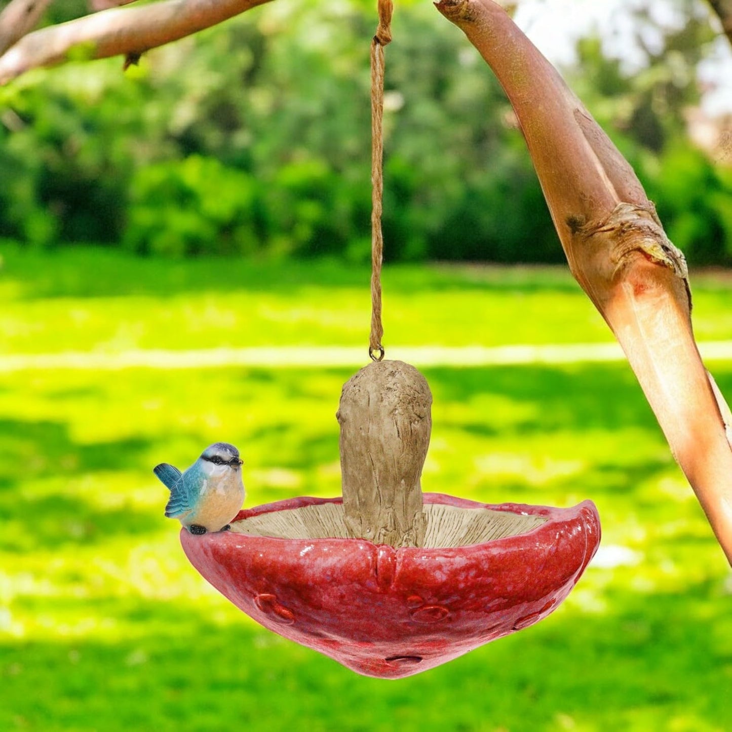 Red Resin Mushroom Bird Feeder with Blue Tit – Charming & Functional Garden Décor