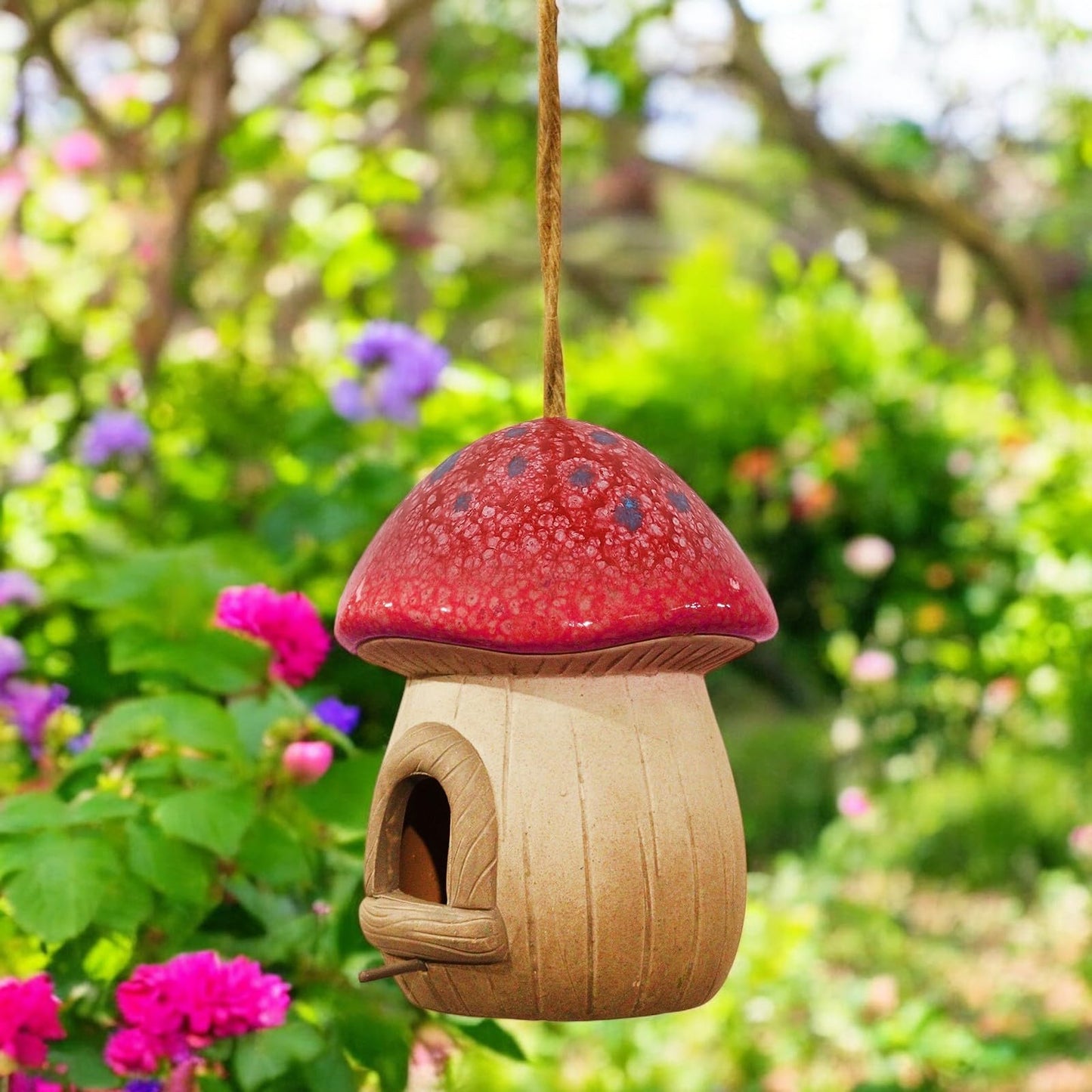 Red Terracotta Mushroom Bird House (19cm x 14.5cm x 13cm) – Decorative Hanging or Freestanding Birdhouse for Garden, Patio & Outdoor Décor – Durable & Weather-Resistant Nesting Shelter for Birds
