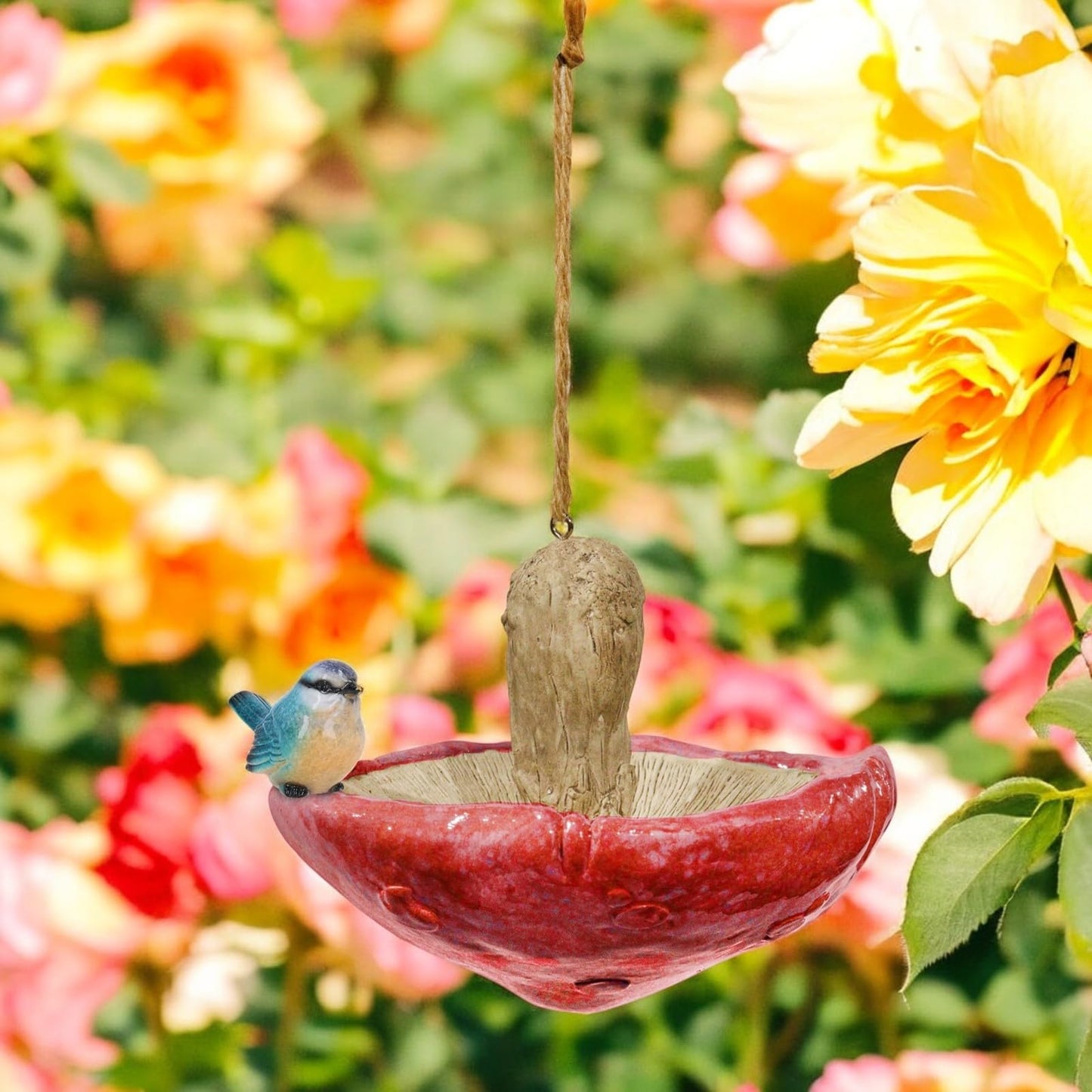 Red Resin Mushroom Bird Feeder with Blue Tit – Charming & Functional Garden Décor