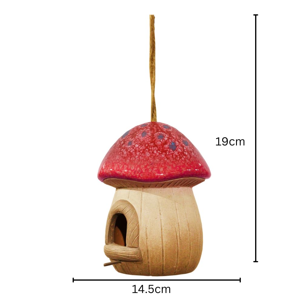 Red Terracotta Mushroom Bird House (19cm x 14.5cm x 13cm) – Decorative Hanging or Freestanding Birdhouse for Garden, Patio & Outdoor Décor – Durable & Weather-Resistant Nesting Shelter for Birds
