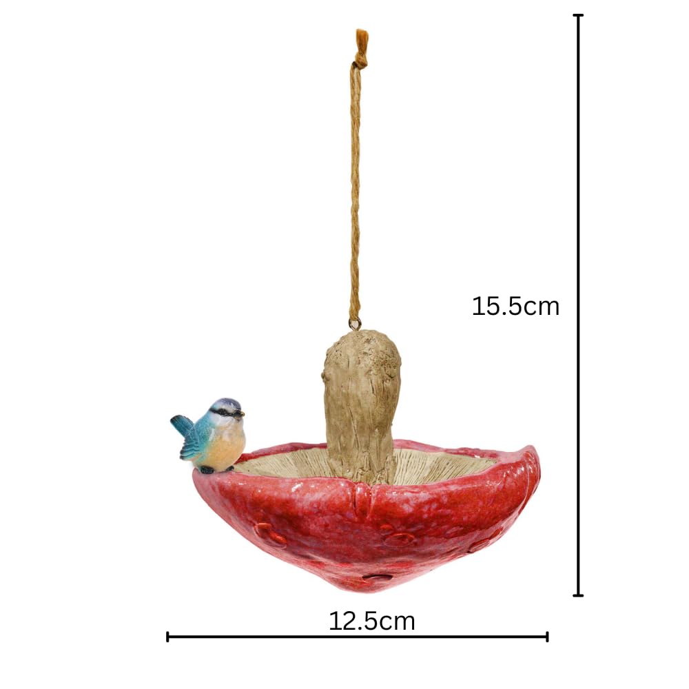 Red Resin Mushroom Bird Feeder with Blue Tit – Charming & Functional Garden Décor