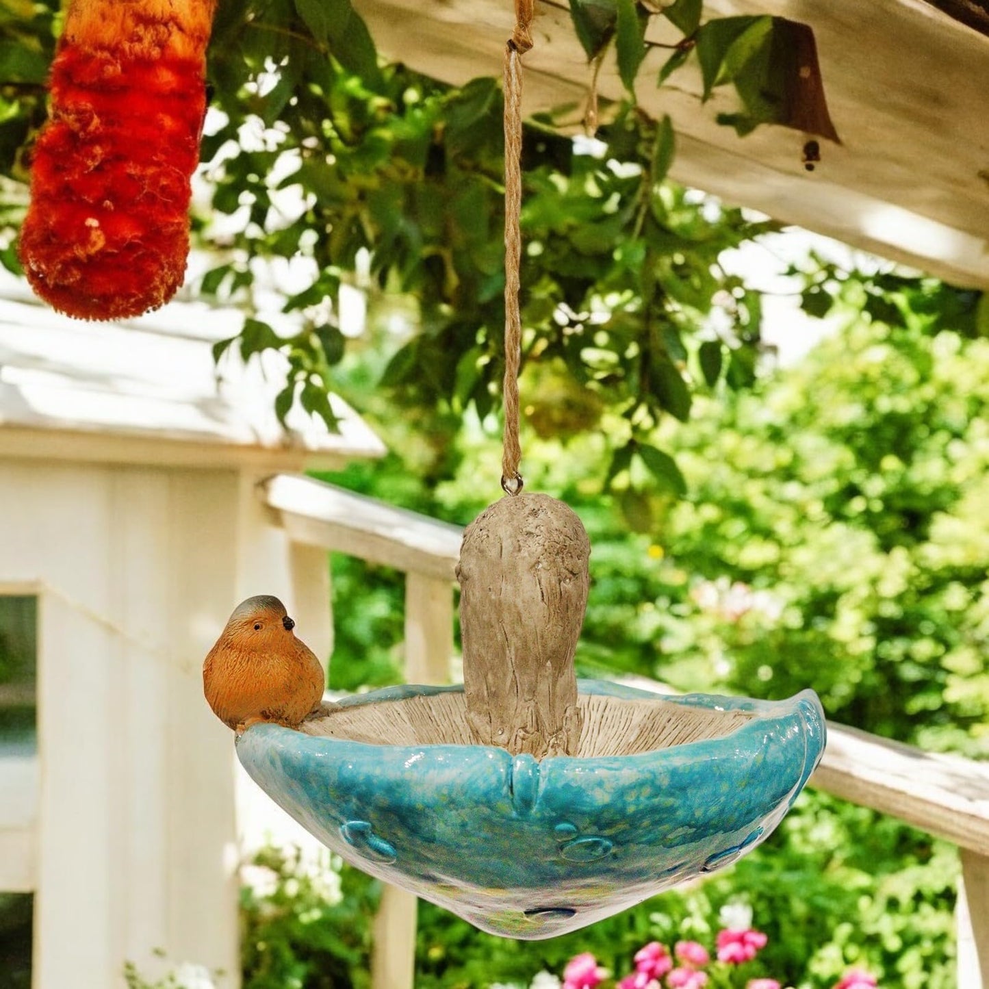 Blue Resin Mushroom Bird Feeder with Robin (15.5cm x 12.5cm x 15cm) – Decorative Hanging or Freestanding Bird Feeder for Garden, Patio & Outdoor Décor – Weather-Resistant Bird Feeding Station