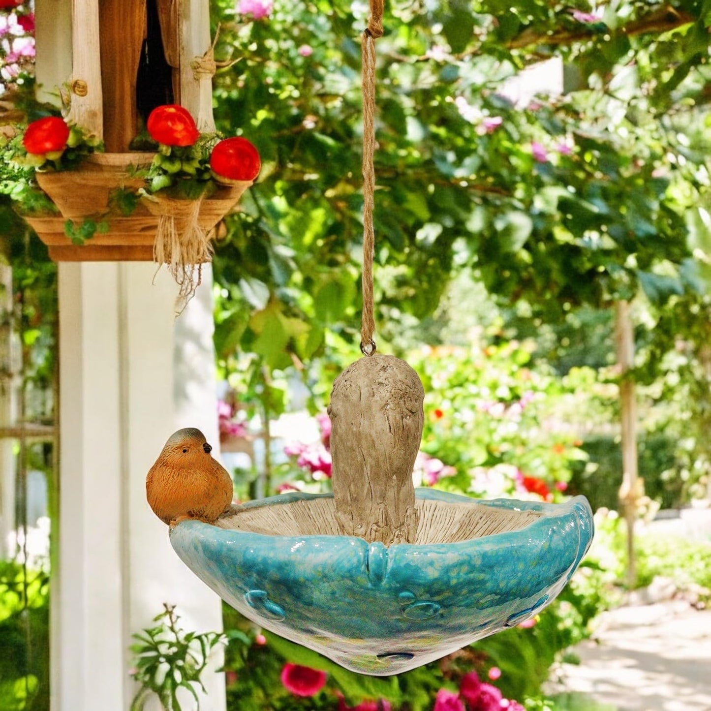 Blue Resin Mushroom Bird Feeder with Robin (15.5cm x 12.5cm x 15cm) – Decorative Hanging or Freestanding Bird Feeder for Garden, Patio & Outdoor Décor – Weather-Resistant Bird Feeding Station