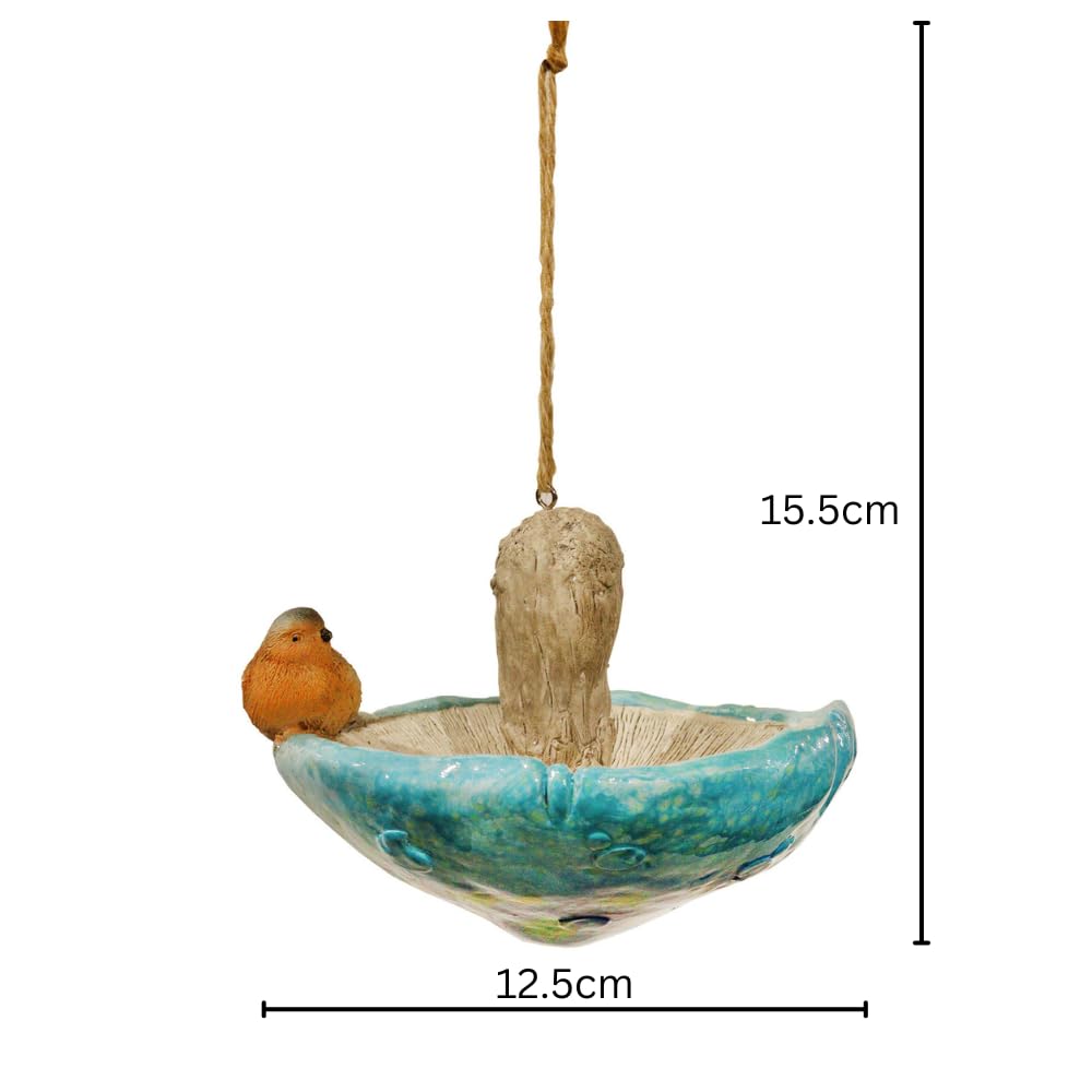 Blue Resin Mushroom Bird Feeder with Robin (15.5cm x 12.5cm x 15cm) – Decorative Hanging or Freestanding Bird Feeder for Garden, Patio & Outdoor Décor – Weather-Resistant Bird Feeding Station