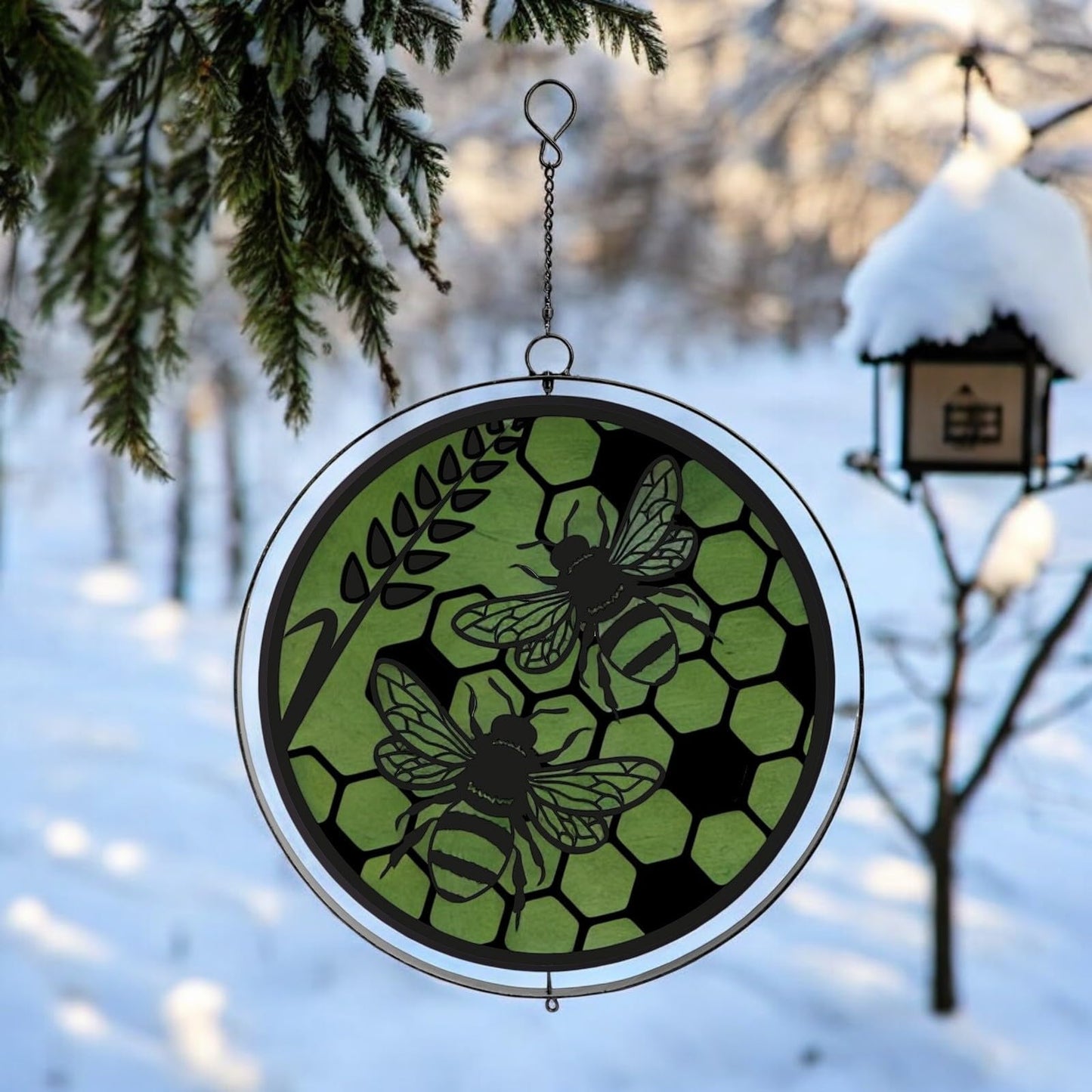 Black Metal Honey Bees Hanging Silhouette Orbit Spinner – 39cm x 23cm | Outdoor & Indoor Wind Spinner for Garden, Patio & Home Décor