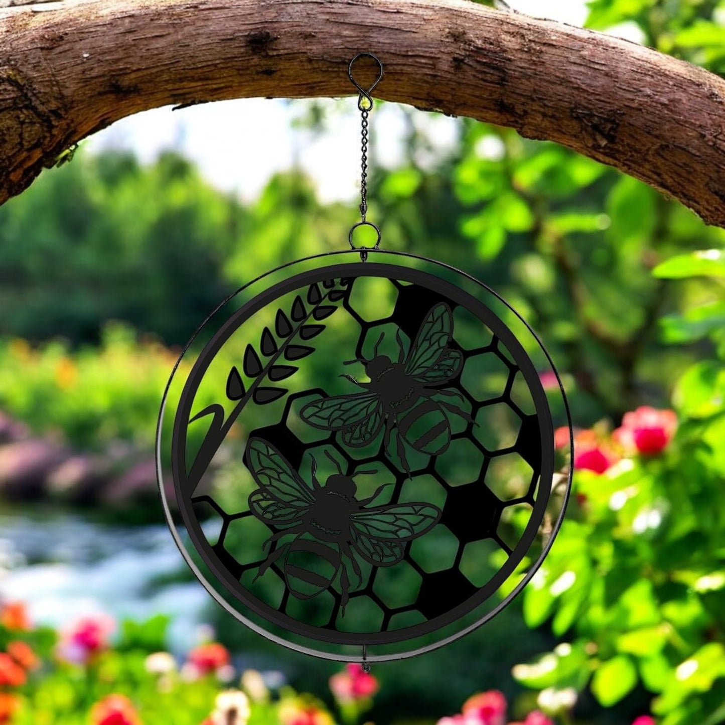 Black Metal Honey Bees Hanging Silhouette Orbit Spinner – 39cm x 23cm | Outdoor & Indoor Wind Spinner for Garden, Patio & Home Décor