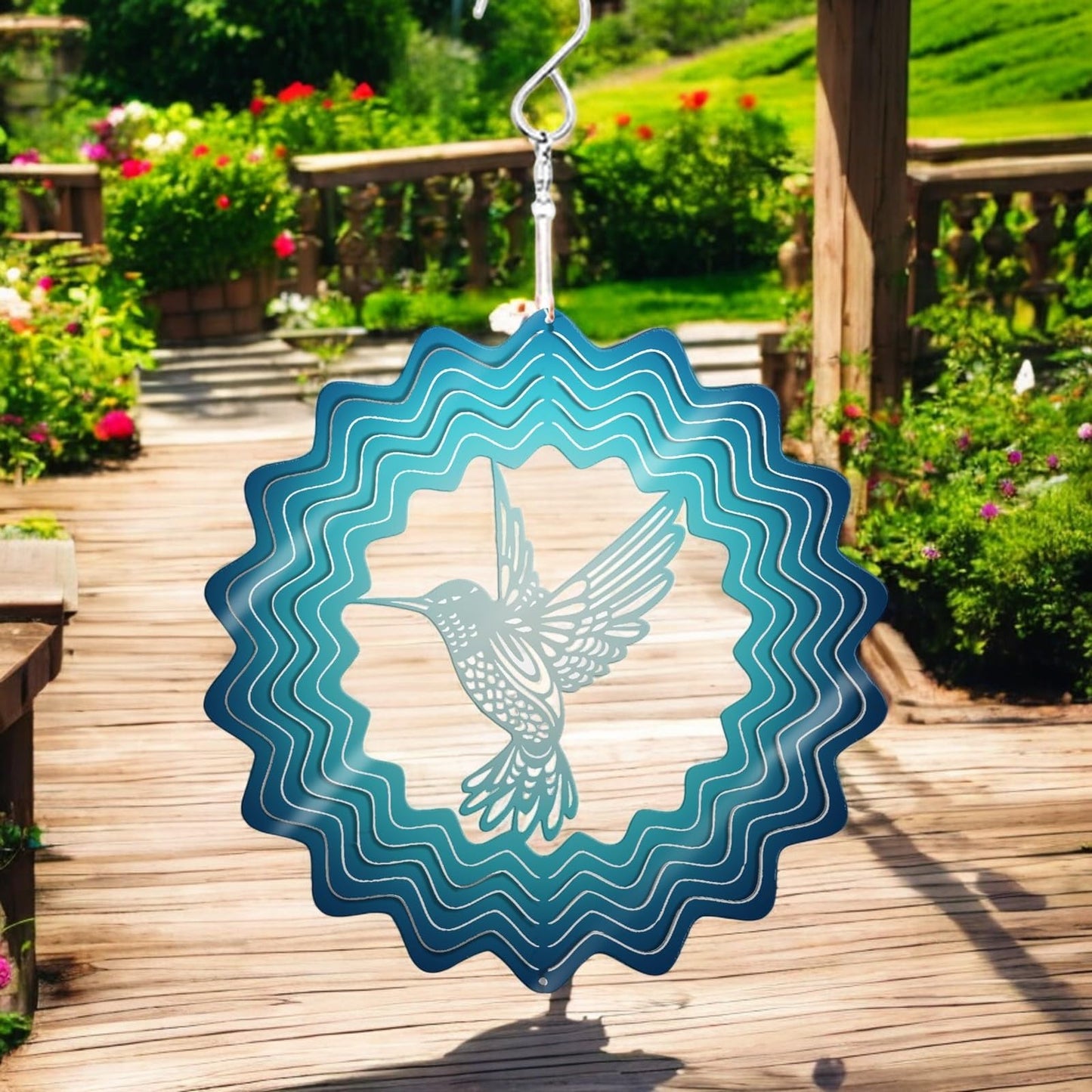 Blue Hummingbird Stainless Steel Hanging Wind Spinner – 34cm x 25cm | 3D Kinetic Metal Wind Sculpture for Garden & Home Décor