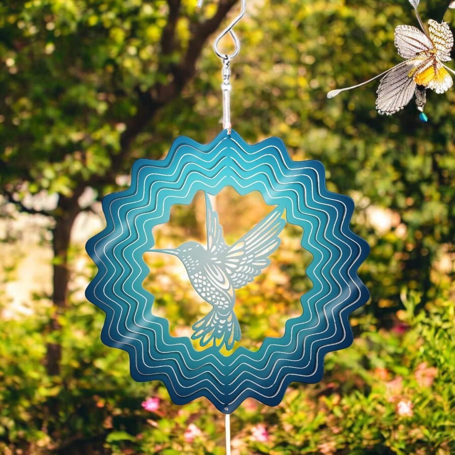 Blue Hummingbird Stainless Steel Hanging Wind Spinner – 34cm x 25cm | 3D Kinetic Metal Wind Sculpture for Garden & Home Décor
