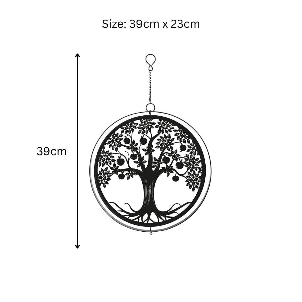 Black Metal Apple Tree Hanging Silhouette Orbit Spinner – 39cm x 23cm | Wind Spinner for Garden, Patio & Home Décor