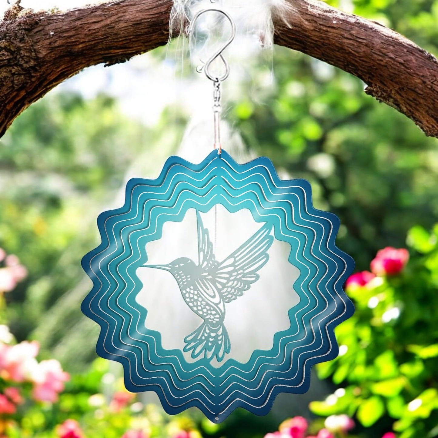 Blue Hummingbird Stainless Steel Hanging Wind Spinner – 34cm x 25cm | 3D Kinetic Metal Wind Sculpture for Garden & Home Décor