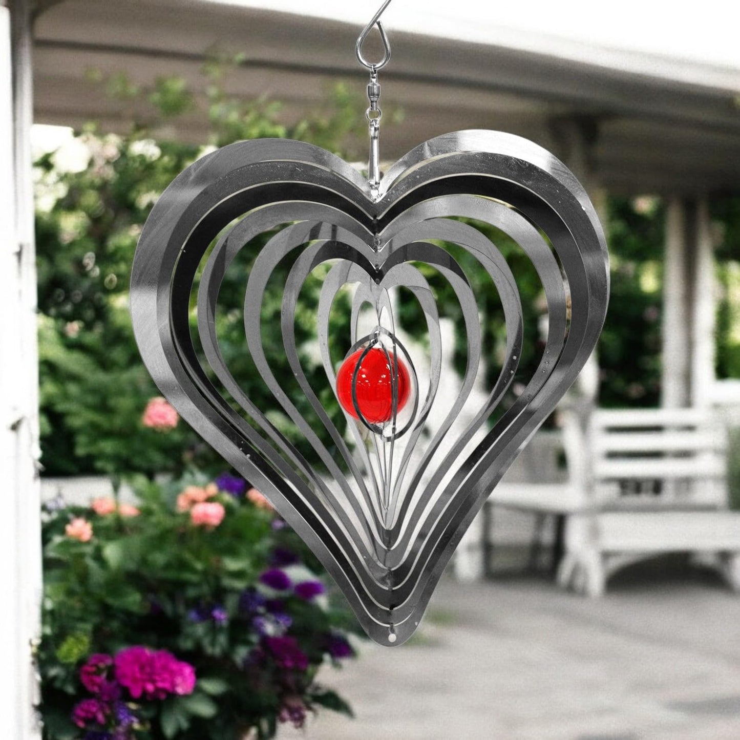 Love Heart Stainless Steel Hanging Wind Spinner β 34cm x 25cm | 3D Kinetic Metal Wind Sculpture & Outdoor Garden Ornament