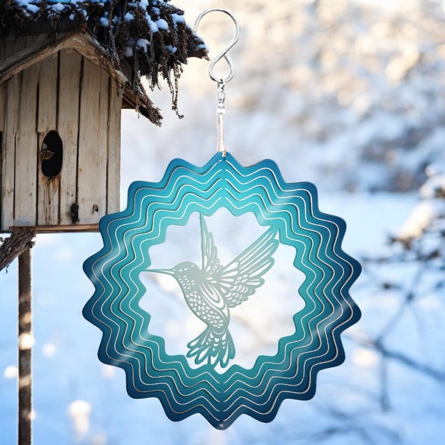 Blue Hummingbird Stainless Steel Hanging Wind Spinner – 34cm x 25cm | 3D Kinetic Metal Wind Sculpture for Garden & Home Décor