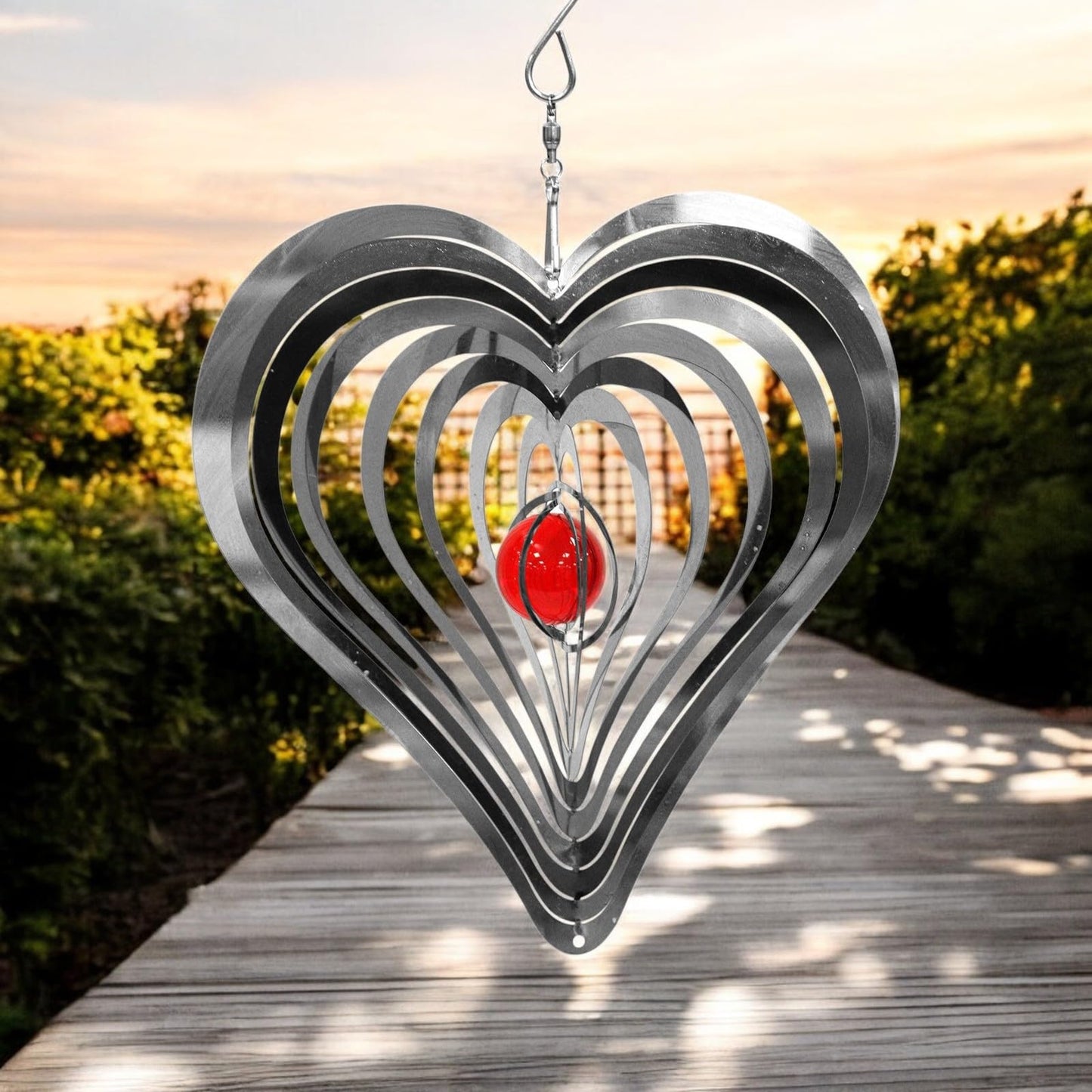 Love Heart Stainless Steel Hanging Wind Spinner β 34cm x 25cm | 3D Kinetic Metal Wind Sculpture & Outdoor Garden Ornament