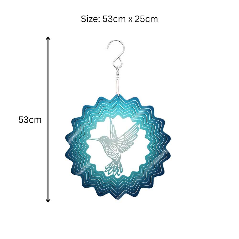 Blue Hummingbird Stainless Steel Hanging Wind Spinner – 34cm x 25cm | 3D Kinetic Metal Wind Sculpture for Garden & Home Décor