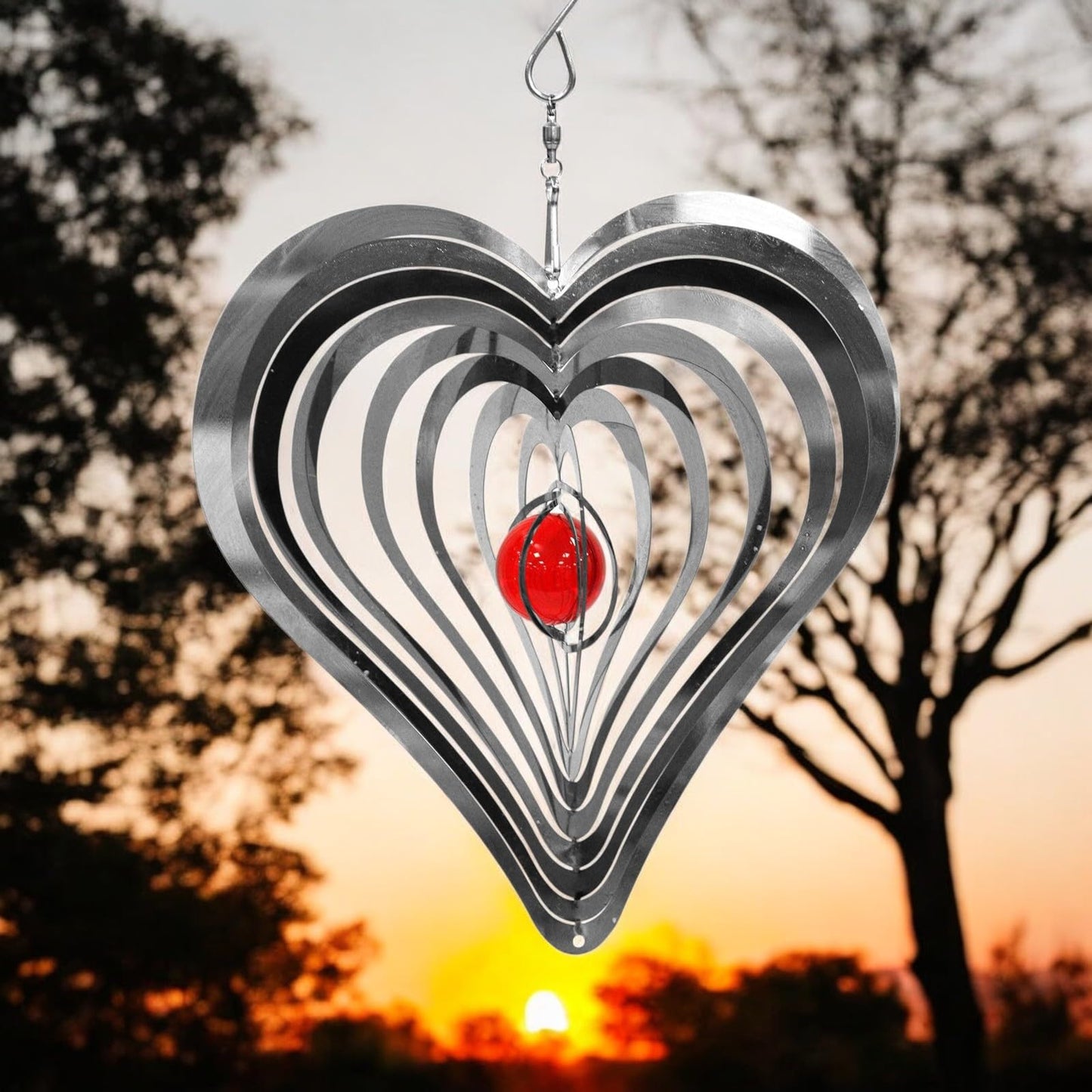 Love Heart Stainless Steel Hanging Wind Spinner β 34cm x 25cm | 3D Kinetic Metal Wind Sculpture & Outdoor Garden Ornament