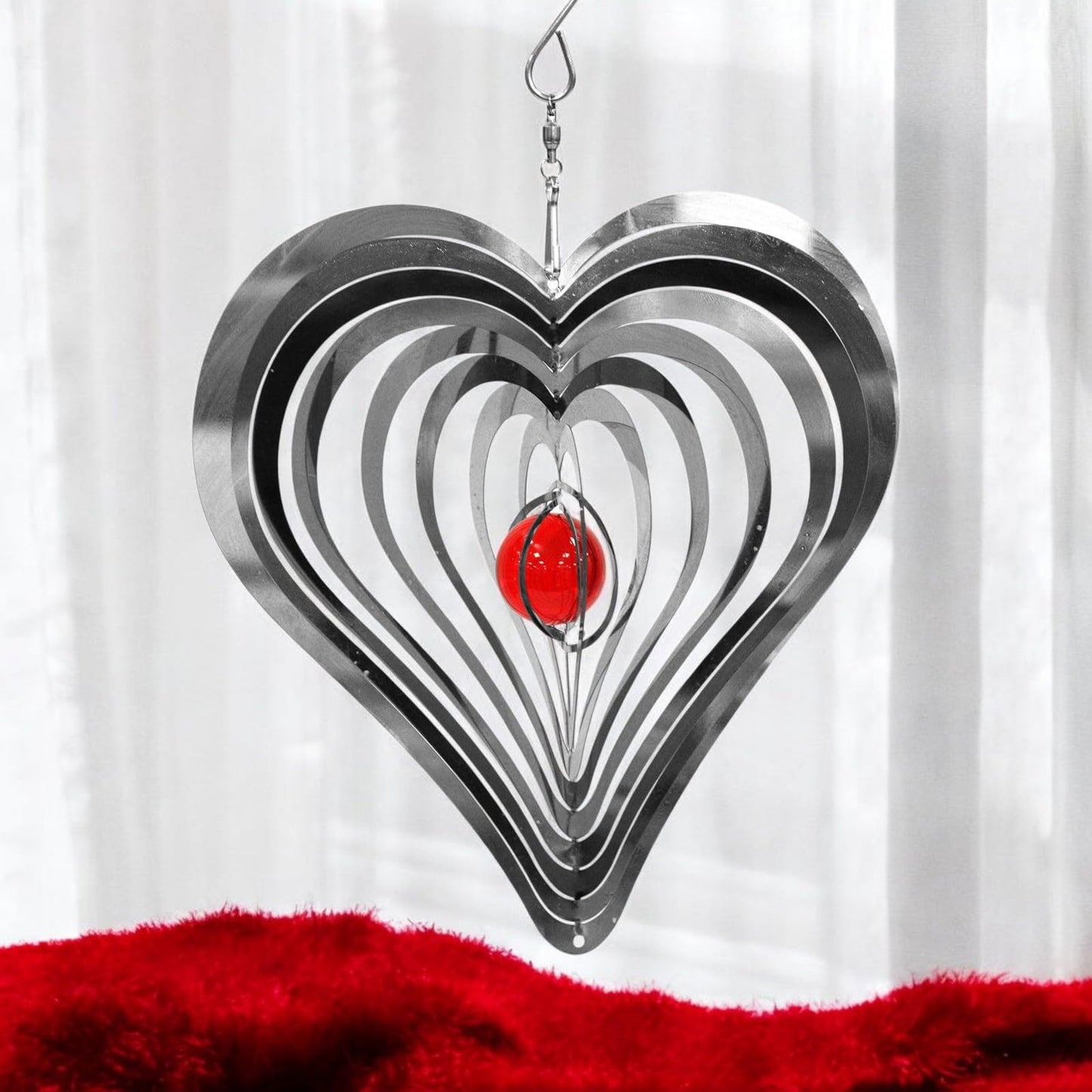 Love Heart Stainless Steel Hanging Wind Spinner β 34cm x 25cm | 3D Kinetic Metal Wind Sculpture & Outdoor Garden Ornament