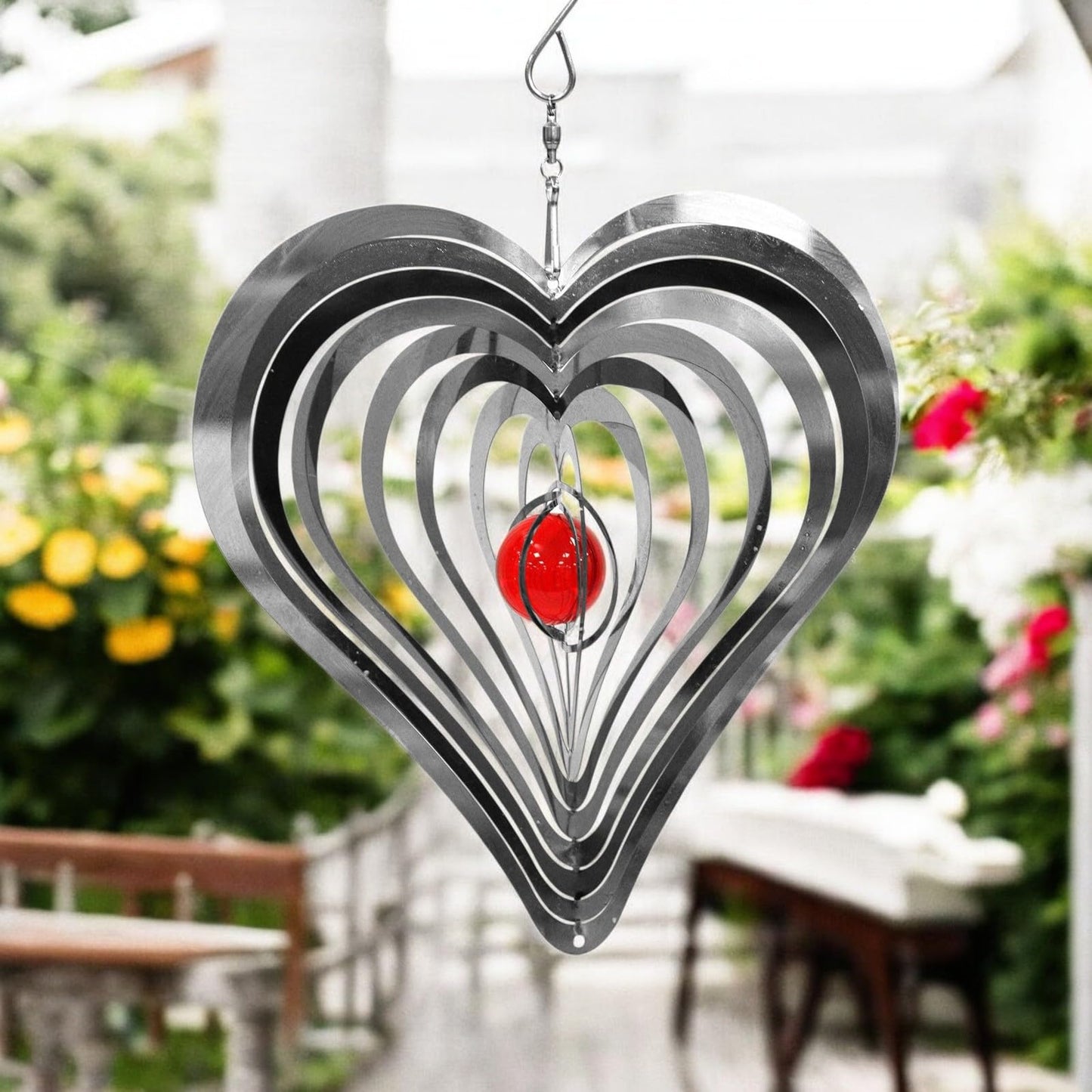 Love Heart Stainless Steel Hanging Wind Spinner β 34cm x 25cm | 3D Kinetic Metal Wind Sculpture & Outdoor Garden Ornament