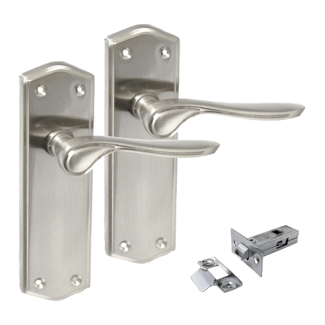 Satin Nickel Internal Door Handles with Long Back Plate - Stellar Design (1 Pair of Handles + Tubular Latch)